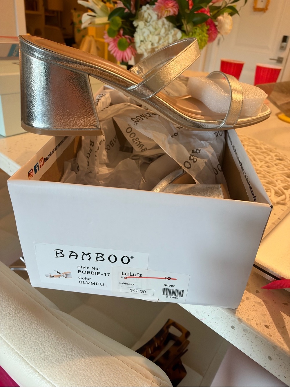 BAMBOO Silver Two-Strap Block Heel Sandals
